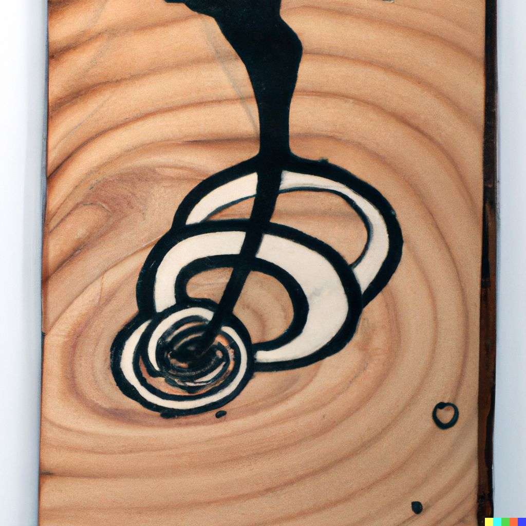 the discovery of gravity, pyrography on a piece of wood